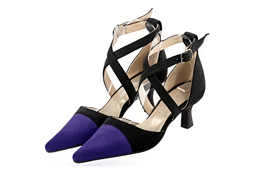 French elegance and refinement for these violet purple and matt black dress open side shoes, with crossed straps, 
                available in many subtle leather and colour combinations. Perfect model to feminize and enhance basic outfits.
Its adjustable straps will allow you a good support.
To personalize or not, according to your outfits or your desires.  
                Matching clutches for parties, ceremonies and weddings.   
                You can customize these shoes to perfectly match your tastes or needs, and have a unique model.  
                Choice of leathers, colours, knots and heels. 
                Wide range of materials and shades carefully chosen.  
                Rich collection of flat, low, mid and high heels.  
                Small and large shoe sizes - Florence KOOIJMAN